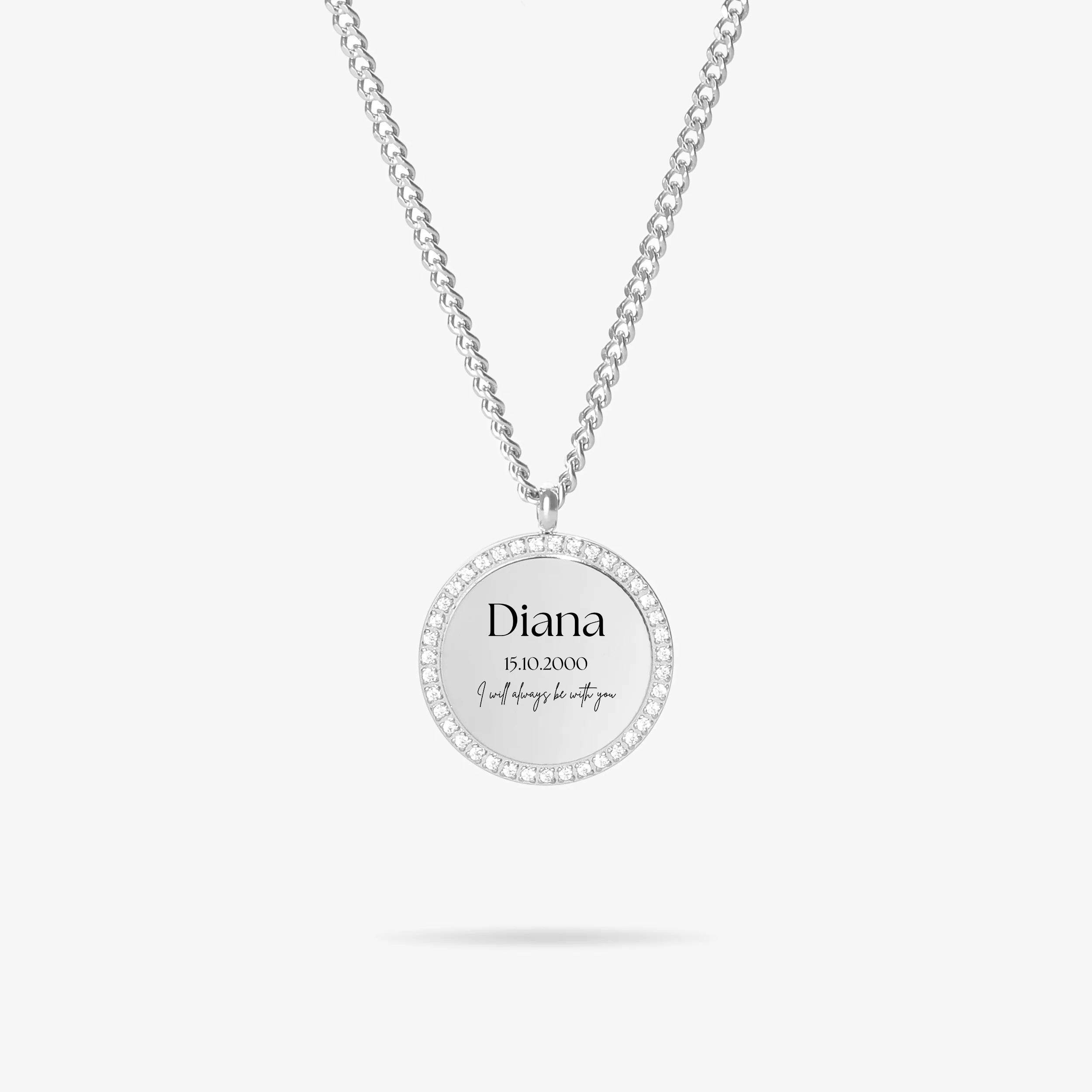 Custom Zicornia Round Necklace - Special Text - Silver