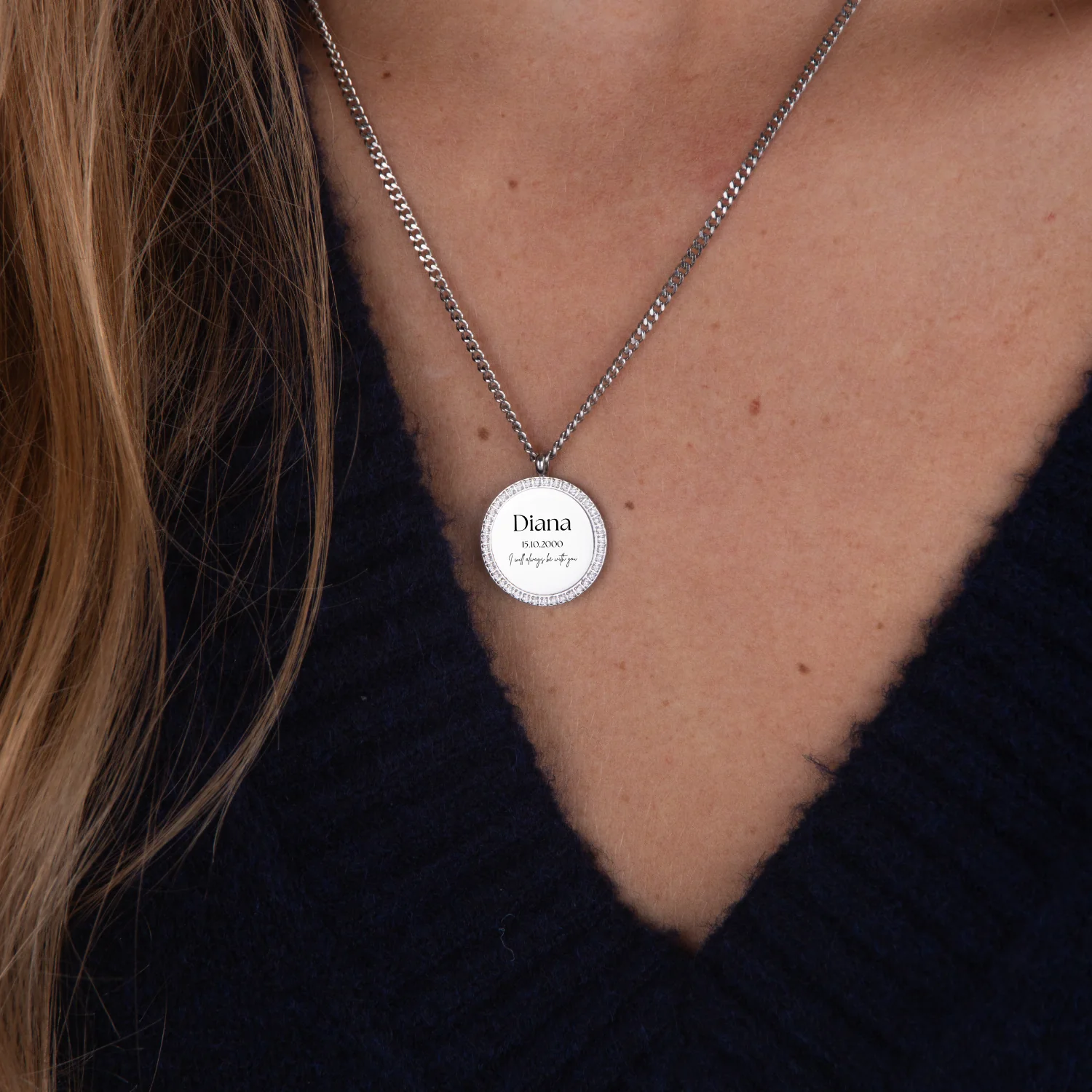 Custom Zicornia Round Necklace - Special Text - Silver - Image 2